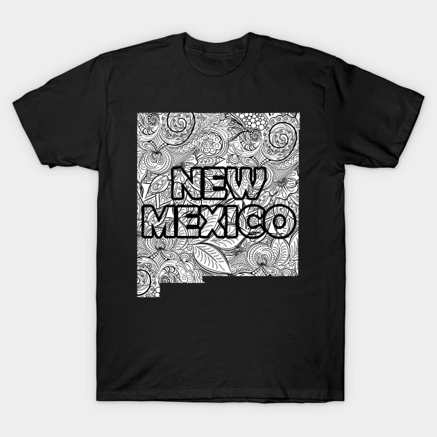 Mandala art map of New Mexico with text in white T-Shirt by Happy Citizen